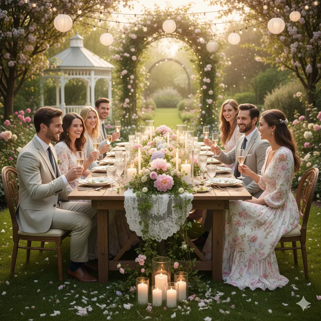 Spring garden theme inspiration with pastel flowers